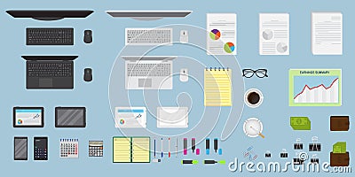 Top view office table workspace organization. Create your own style. EPS10 fully editable. Vector Illustration