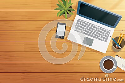 Top view office wooden desk in morning Vector Illustration