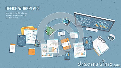 Top view of office workplace with business office supplies, monitor, tablet, documents. Charts, graphics on a monitor screen. Vector Illustration