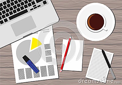 Top view of the office workplace. Icon of a laptop keyboard, coffee cup, pencil, papers Vector Illustration