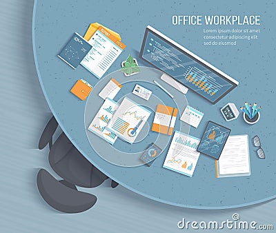 Top view of office workplace with round table, armchair, office supplies. Charts, graphics on a monitor screen tablet phone Vector Illustration