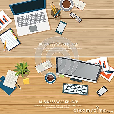 Top view office workplace on wood table Vector Illustration