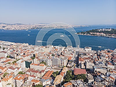 Top view of the old city of Istanbul and the Bosphorus, in the foreground low-rise buildings, against the backdrop of city hills Editorial Stock Photo