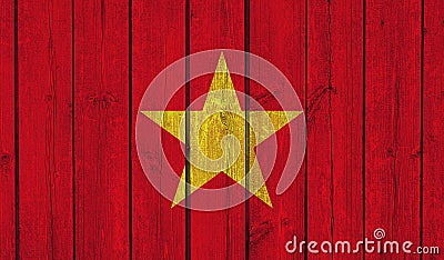 Top view of Old Painted Flag of Vietnam on Dark Wooden Fence, wall. patriot and travel concept. no flagpole. Flag background. Stock Photo