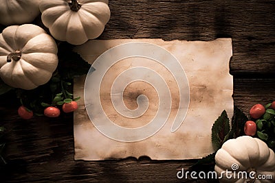Top view of old paper with white ghost pumpkins Stock Photo