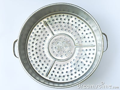 Top view of old round silver aluminum steamer. It is commonly used in Taiwanese villages for steaming food. Stock Photo