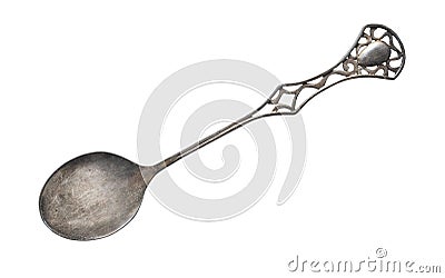 Top view of old silver beautiful tea spoon isolated on white background Stock Photo