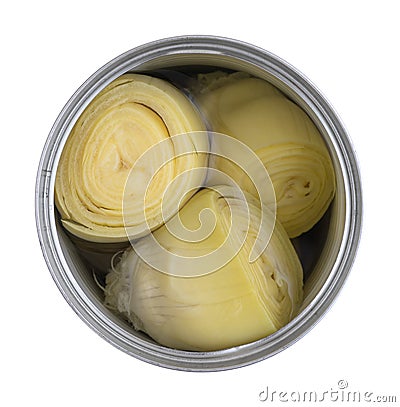 Top view of an open can of artichoke hearts Stock Photo