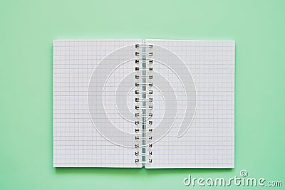 Top view of open notebook with blank pages, school notebook on a green background, spiral notepad Stock Photo