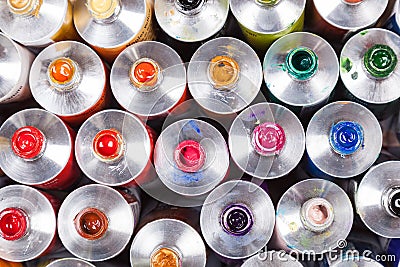 Top view of open professional paints in tubes. Multicolor Stock Photo