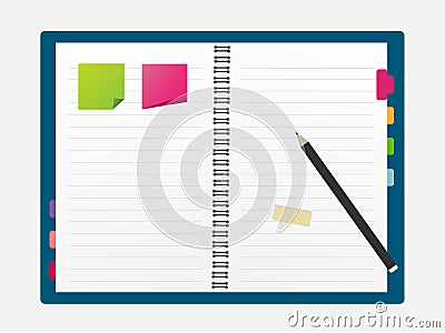 Top view of an open spiral notebook and pencil. Vector Illustration