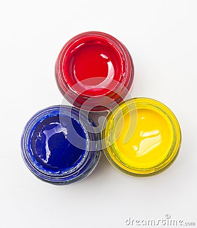 Top View Of Opened Bottles Of Primary Color. Stock Photo
