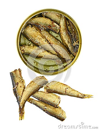 Top view of an opened tin of canned smoked sprats Stock Photo