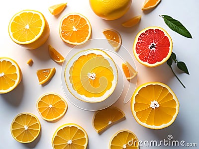 Top view. Orange fruits (Citrus) and cut. Copy space and white background. Stock Photo