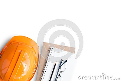 Top view with orange safety engineer helmet and blank notebook Stock Photo