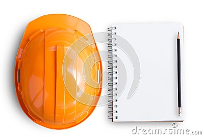 Top view with orange safety engineer helmet and blank notebook o Stock Photo