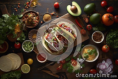 Top view of original Mexican tacos with beef, tomatoes, avocado, chilli and onions isolated on rustic wood background. Concept Stock Photo