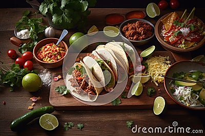 Top view of original Mexican tacos with beef, tomatoes, avocado, chilli and onions isolated on rustic wood background. Concept Stock Photo