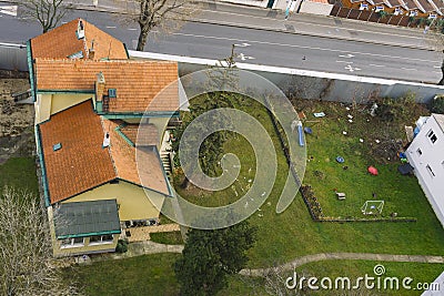 Top view outskirts private house with neighbor playground for children and car road Stock Photo