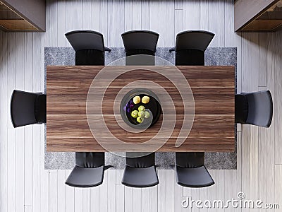 Top view over dining table in dining room. ceramic dish decoration on wood and wooden table. soft light color. set of dinner room Stock Photo