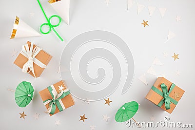 Top view over the gift boxes with ballons and party decoration. Stock Photo