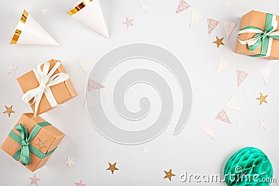 Top view over the gift boxes with ballons and party decoration. Stock Photo