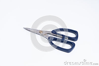 top view of a pair of blue color plastic scissors Stock Photo