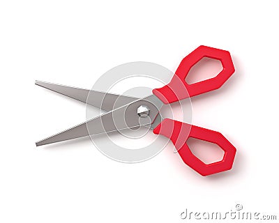 Top view of a pair of red colored plastic open scissors 3d render Stock Photo