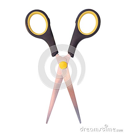 Top view of a pair of small multipurpose scissors with black handle isolated on white background with clipping path Stock Photo
