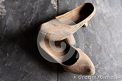 Top portrait of a pair of wooden shoes Stock Photo