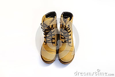 top view of a pair of yellow leather child shoes Stock Photo