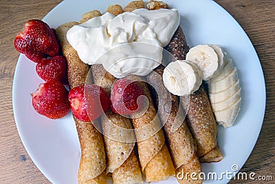 Top view of the pancake plate, delicious breakfast. Stock Photo