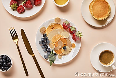 Top view of pancakes with berries Stock Photo