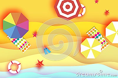 Top view Parasols - umbrella in paper cut style. Origami sand beach with summer equipment . Beach rest. Vacation and Vector Illustration