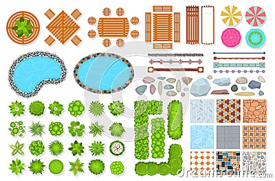 Top view park items. Public furniture outdoor relaxing chair, bench and umbrella. Gardens trees and water pool. Aerial Vector Illustration