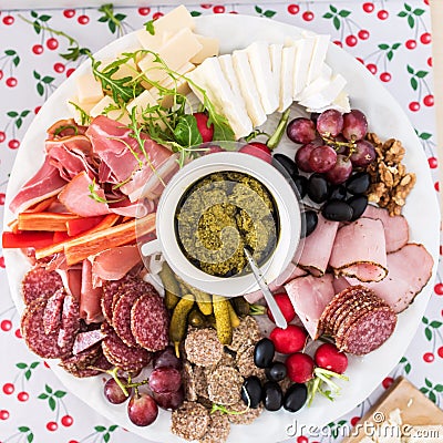 Top view of a party platter with meats and cheese Stock Photo