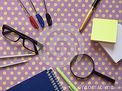 Top view. Patterned worktable. Work and visual problems. Office stuff. Stock Photo