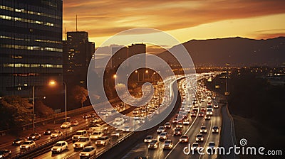 Top View, Peak hour traffic at sunset. Generative AI Stock Photo