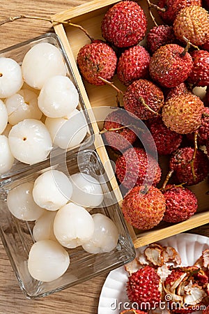 peeled fresh lichees at vertical composition Stock Photo