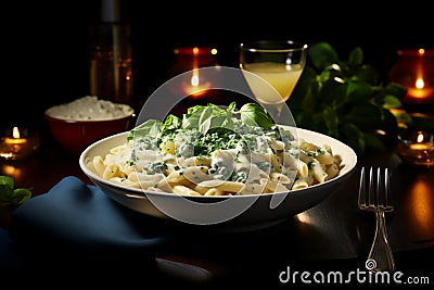 top view, penne with spinach gorgonzola sauce Stock Photo