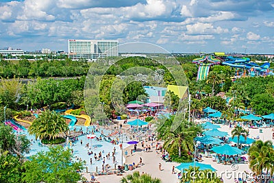 Top view of people enjoying beaches , pools and water attractions at Aquatica and Hilton Hotel in International Drive area. Editorial Stock Photo