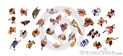 Top view of people going with phones, walking with dogs, standing, sitting and meeting. Overhead set of man and woman Vector Illustration