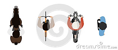 Top view of people set isolated on a white background. Men riding a horse, a motorcycle, a bicycle, a skate. View from above. Male Vector Illustration