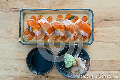 Top view of Philadelphia roll sushi with salmon, prawn, avocado, cream cheese. Sushi menu. Japanese food Stock Photo