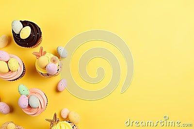 Top view photo of Easter cupcakes with pastel frosting and bunny ears Stock Photo