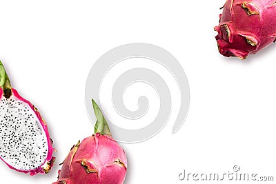 Top view photo. Halved cutted pitahaya on white background Stock Photo