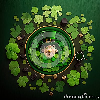 Top view photo of St. Patrick's Day Meme with clover leaf and accessories on the green background. Generative AI Stock Photo