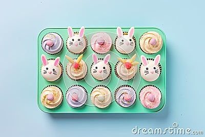 Top view photo of a tray of Easter cupcakes decorated with pastel-colored frosting Stock Photo