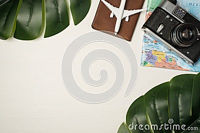 Top view photo of two green palm leaves plane model on passport cover camera and map on wooden white background with copyspace Stock Photo