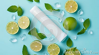 Top view photo of white tube without label in the middle mint leaves whole and sliced limes halves of lemon ice cubes and water Stock Photo